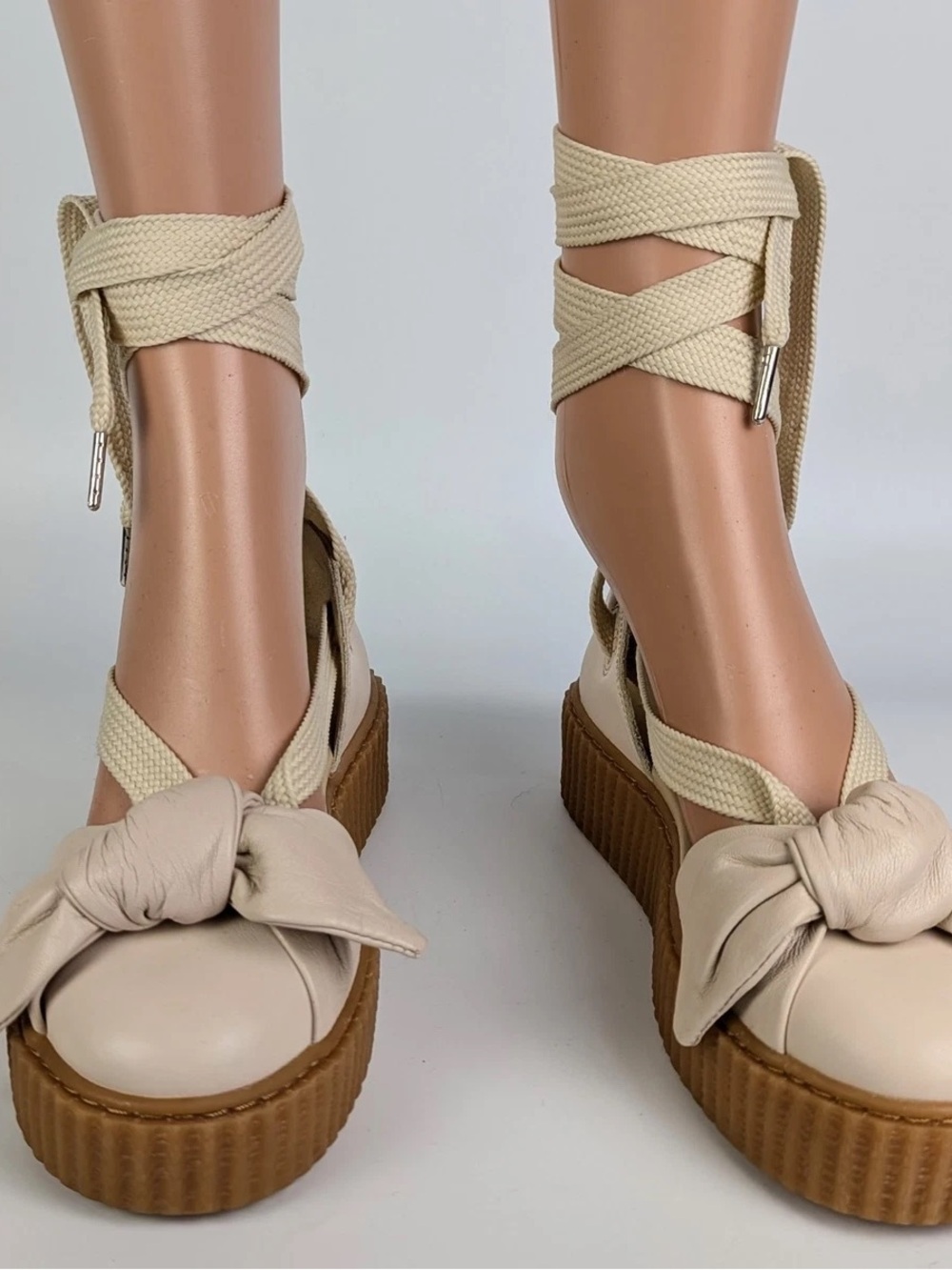 Platform Bow Lace-Up Sandals in Cream